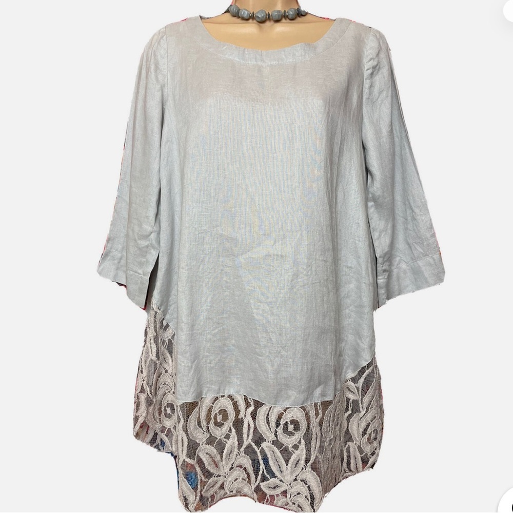 PHASE EIGHT  Grey LINEN Tunic Crotchet Lace Hem Elegant Gray Lace Trim Top 12